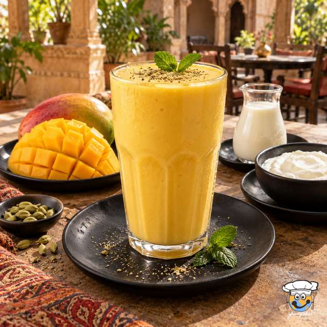 Golden mango lassi in a tall glass, garnished with mint and served beside fresh mango and yogurt.
