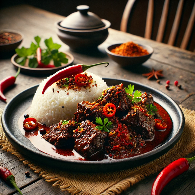 Indonesian beef rendang curry with tender meat in rich coconut milk and spice mixture, slow-cooked traditional delicacy