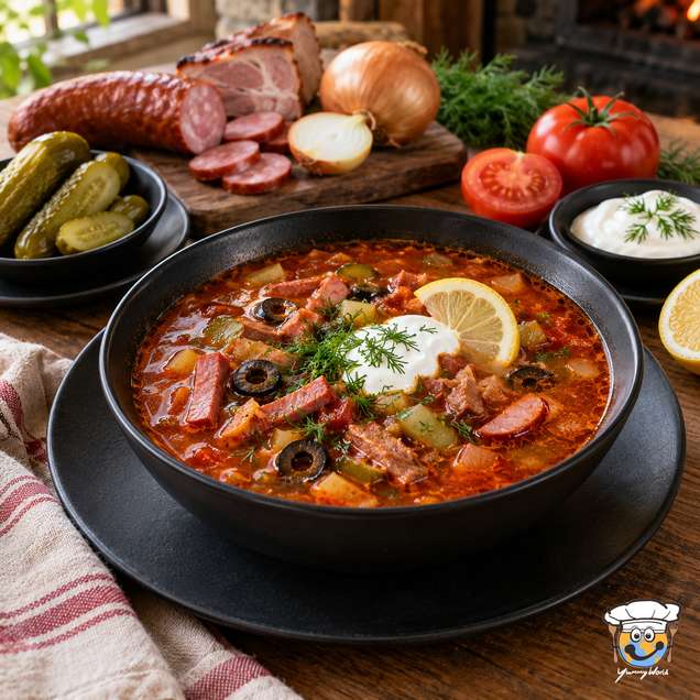 Soljanka mit Wurstscheiben, Oliven, Zitrone und einem Klecks saurer Sahne in einer schwarzen Schale.