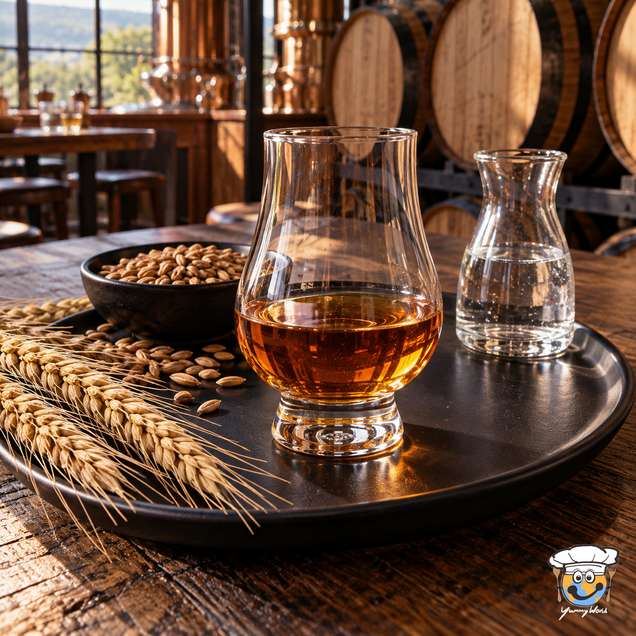 Ein Glas bernsteinfarbener amerikanischer Rye Whiskey neben Roggenhalmen, Getreide und einer kleinen Wasserkaraffe.