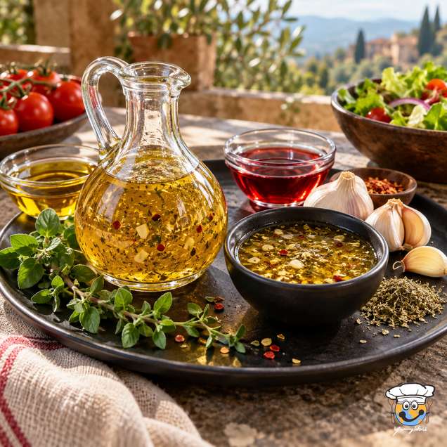 Goldenes italienisches Dressing mit Kräutern in einem Glaskännchen und einer Schale, daneben Knoblauch und Essig.