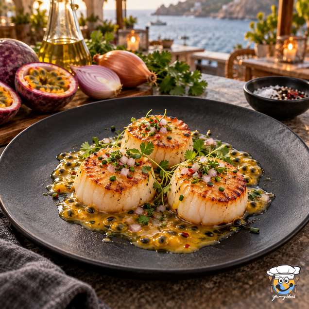 Seared scallops with golden tops in passion fruit vinaigrette, garnished with finely chopped herbs.