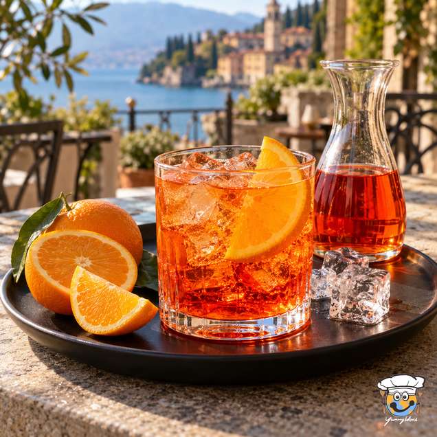 Leuchtend orangefarbener Aperol-Drink mit Eis und einer Orangenscheibe auf einer Terrasse mit Seeblick.
