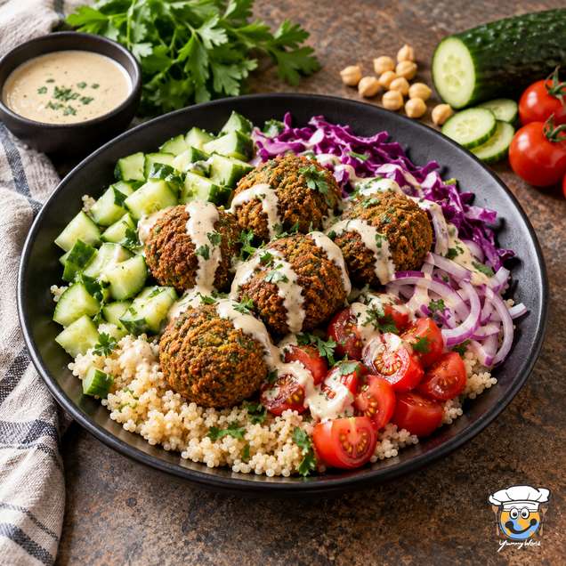 Falafel-Bowl mit Getreide, Gurke, Tomaten, Rotkohl und Zwiebel, darüber ein cremiges Dressing.