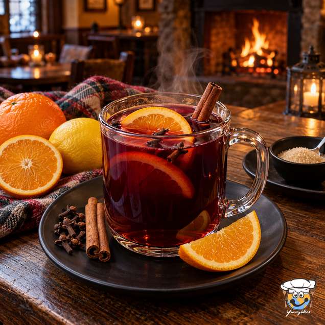 Steaming Bishop drink in a clear mug with orange slices and a cinnamon stick, beside citrus and spices.