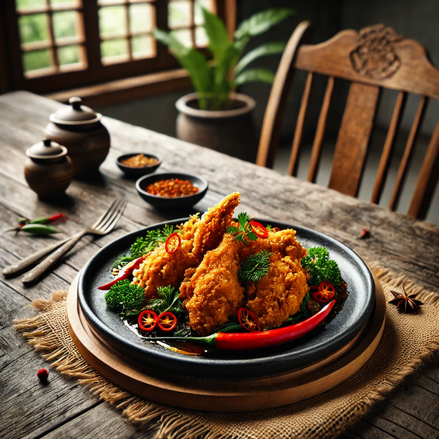 Indonesian fried chicken with crispy golden exterior, marinated in turmeric and spices, popular street food with sambal