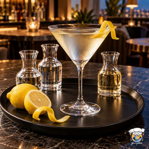 Heller Vespa-Cocktail im gekühlten Martiniglas mit Zitronenzeste, daneben kleine Spirituosenkaraffen.