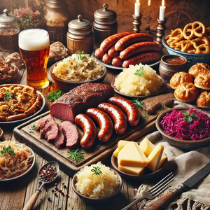 Traditional German food spread with sausages, sauerkraut, pretzels and beer, authentic Bavarian cuisine experience