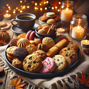 Assorted homemade cookies on wooden board, variety of freshly baked sweet treats with different flavors and textures