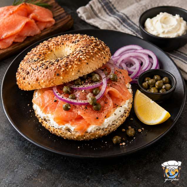 Lox bagel with salmon, cream cheese, red onion rings and capers, served beside a lemon wedge.