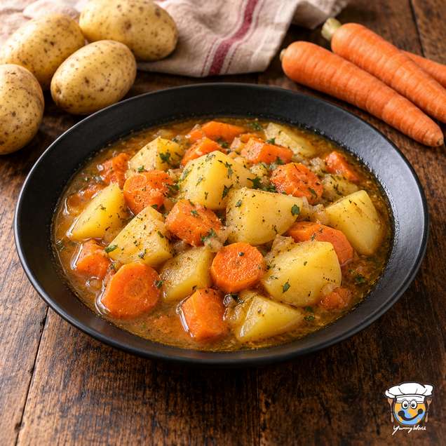 Potato and carrot stew with large potato chunks, carrot slices and chopped herbs in a black bowl.