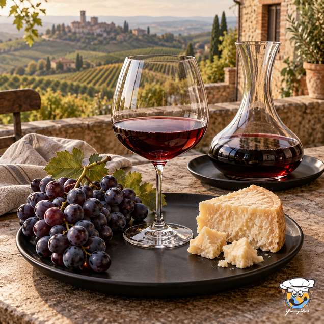 A glass of Barolo red wine with dark grapes and cheese, beside a decanter overlooking vineyards.