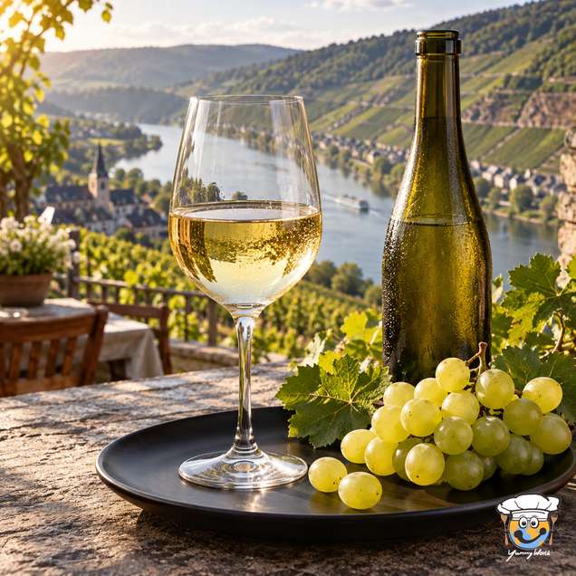 Ein Glas und eine Flasche Riesling-Weißwein neben grünen Trauben mit Blick auf Weinberge am Fluss.