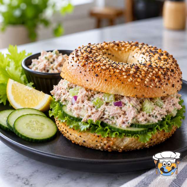 Seeded bagel filled with tuna salad and lettuce, served with cucumber slices and a lemon wedge.
