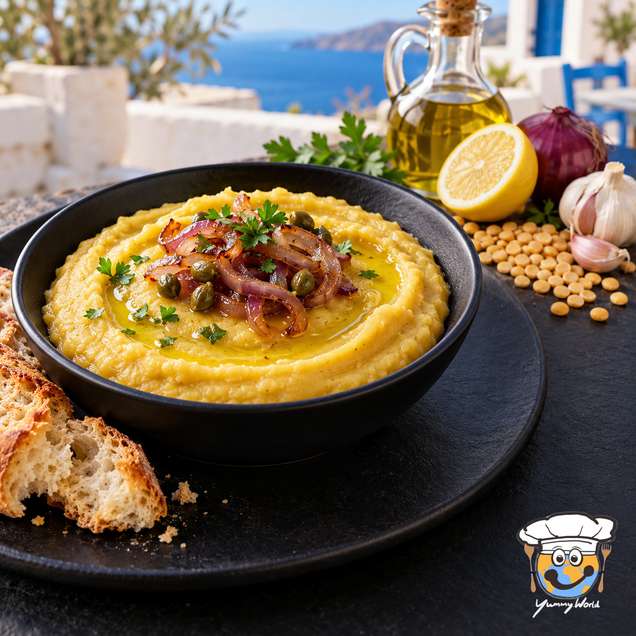 Greek fava pea puree topped with cooked red onion, herbs and olive oil, served with crusty bread.
