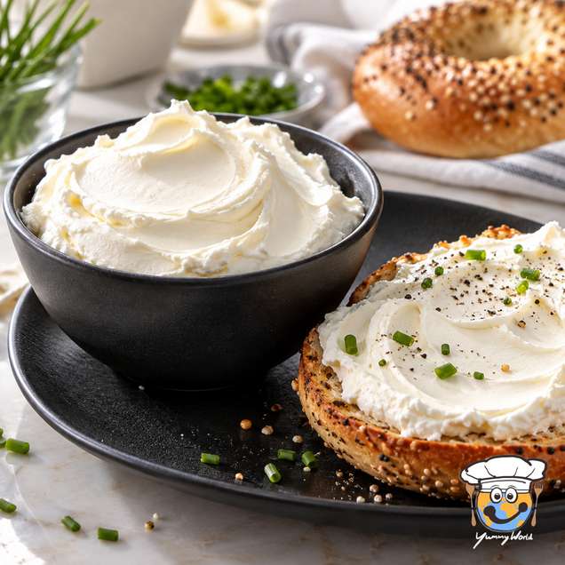 Smooth cream cheese in a black bowl beside a toasted bagel half spread with cream cheese and chives.