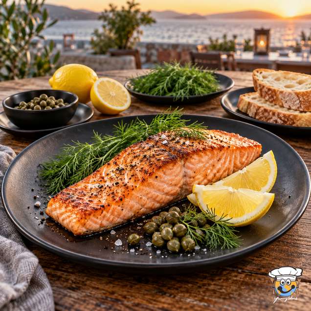 A browned salmon fillet served with lemon wedges, dill and capers on a black plate.