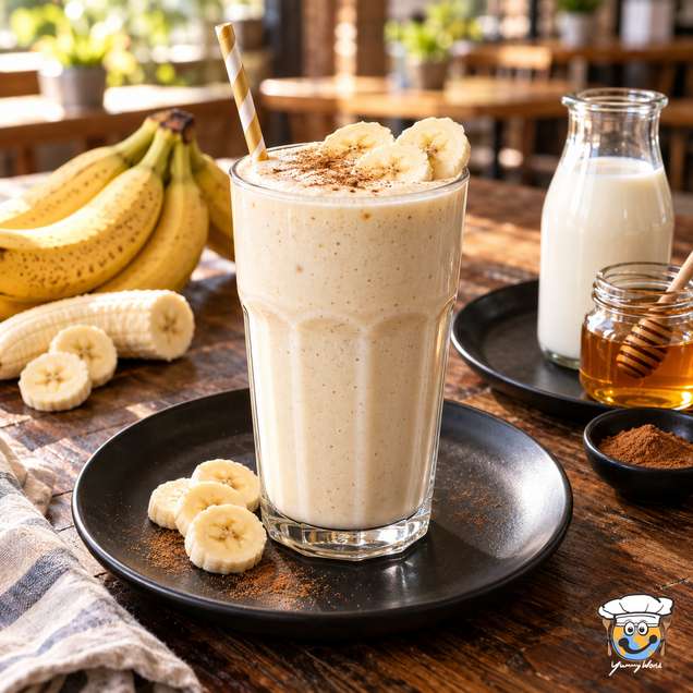 A creamy banana milkshake in a tall glass topped with banana slices and a dusting of cinnamon.