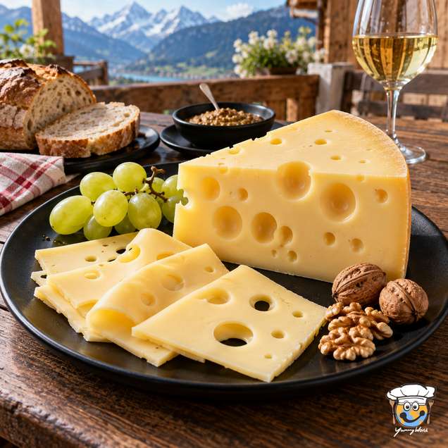 A wedge of Swiss cheese with holes and thin slices, served with grapes and walnuts on a black plate.