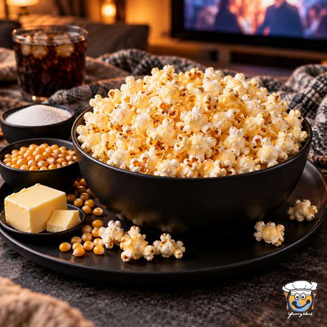 A black bowl piled with sweet popcorn, with corn kernels, butter and sugar arranged alongside.