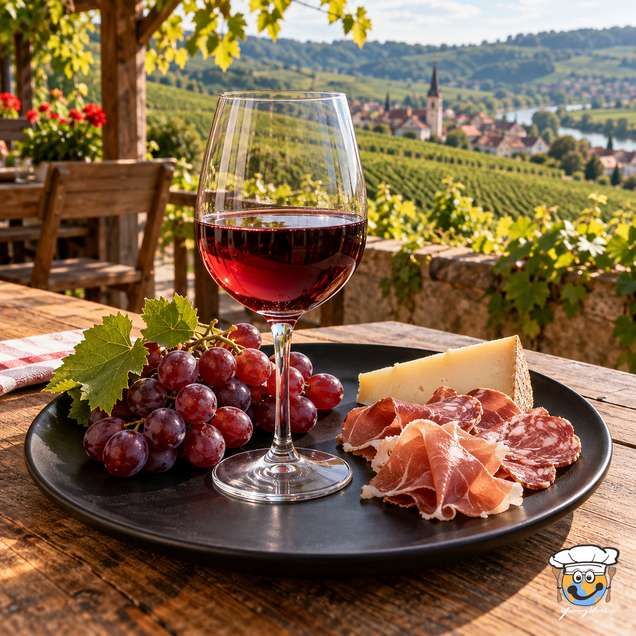 A glass of Trollinger red wine beside grapes, cheese and cured meats, with vineyards in the background.