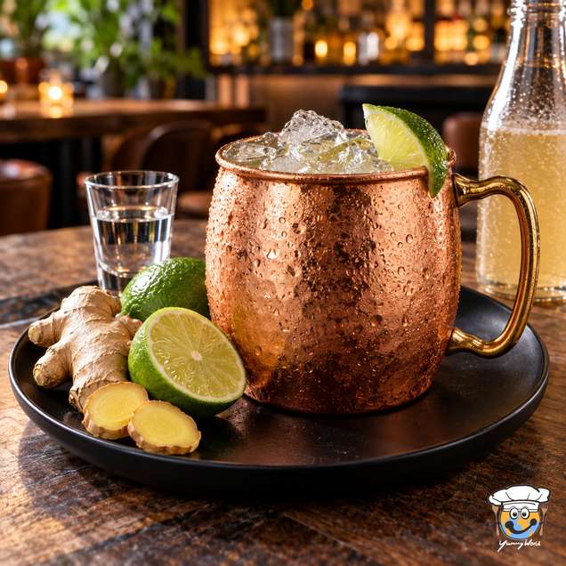 A Moscow Mule in a copper mug filled with crushed ice and garnished with lime, with ginger alongside.