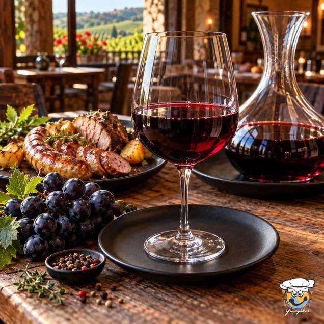 A glass of Lemberger red wine with dark grapes, a decanter and a plate of roasted meat behind it.