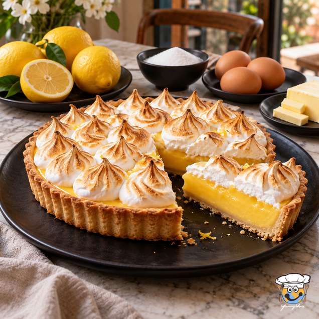 Lemon curd tart with bright yellow filling and toasted meringue peaks, shown with a slice cut.
