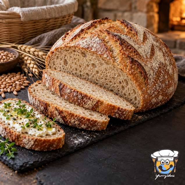 A round loaf of spelt bread with a scored crust, sliced on a black board beside a basket.