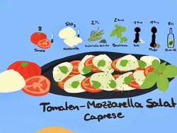 Italian Caprese salad with alternating slices of tomato, fresh mozzarella and basil leaves, drizzled with olive oil and balsamic glaze