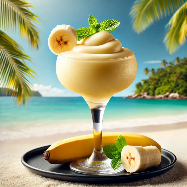 Banana Daiquiri cocktail with blended banana, white rum, lime juice and ice in hurricane glass, tropical frozen treat