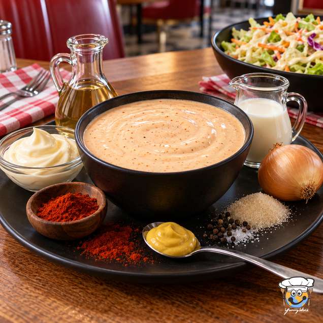 Creamy orange American dressing in a black bowl beside mustard, paprika and other dressing ingredients.