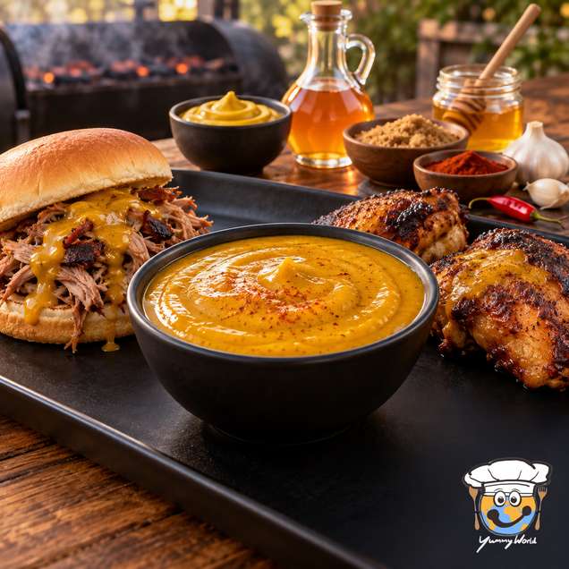 Carolina-Senf-Barbecuesauce in einer schwarzen Schale neben einem Burger mit gezupftem Fleisch und Grillhähnchen.