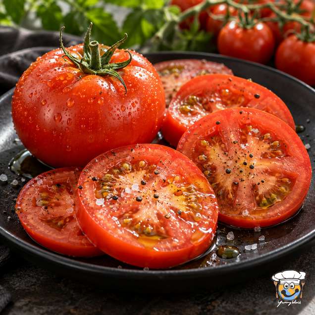 A whole red tomato and thick tomato slices sprinkled with seasoning on a black plate.