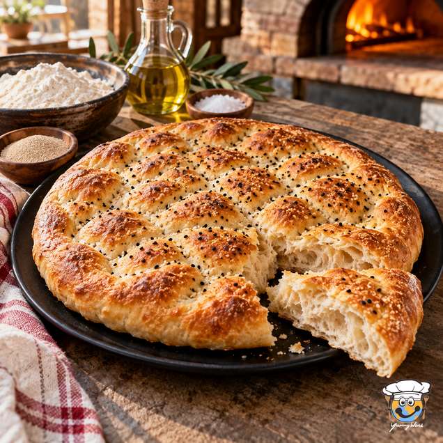 A round golden pide bread sprinkled with seeds, with a piece torn away to reveal its fluffy interior.