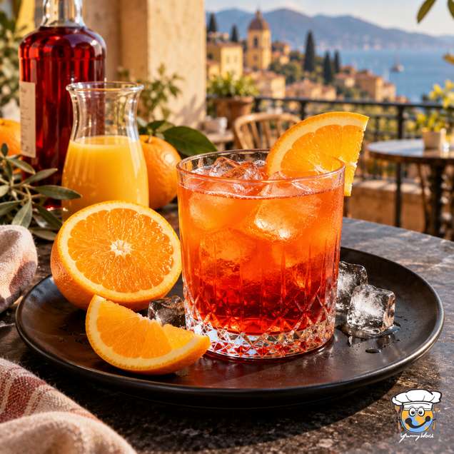 Campari Orange mit Eis und einer Orangenscheibe im kurzen Glas, daneben frische Orangenspalten.