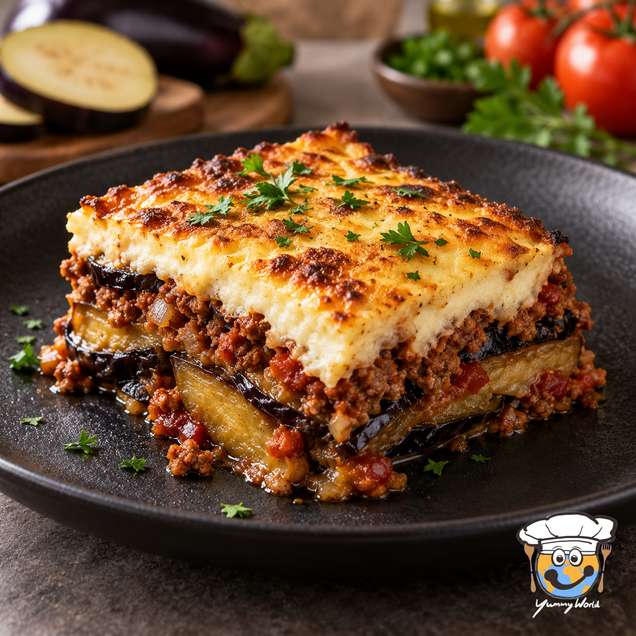 A square of moussaka with eggplant and minced meat layers beneath a golden creamy topping.