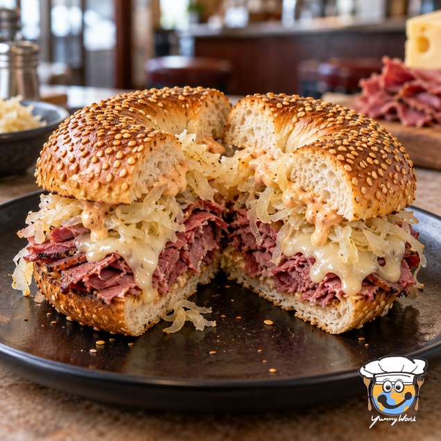A sesame Reuben bagel filled with sliced beef, sauerkraut and melted cheese, cut in half on a black plate.