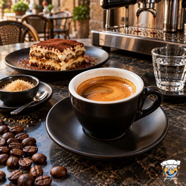 Doppelter Espresso mit goldener Crema in einer schwarzen Tasse neben Tiramisu und einem Glas Wasser.