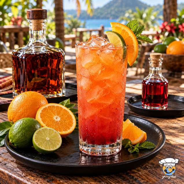 Planters Punch with crushed ice, citrus slices and mint in a tall glass beside oranges and limes.