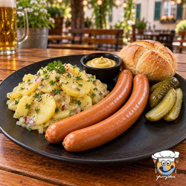 Two wiener sausages served with potato salad, pickles, mustard and a bread roll on a black plate.