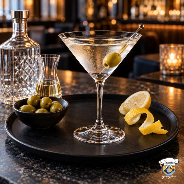 Klassischer Martini im kegelförmigen Stielglas mit einer Olive am Cocktailspieß, daneben Zitronenschale.