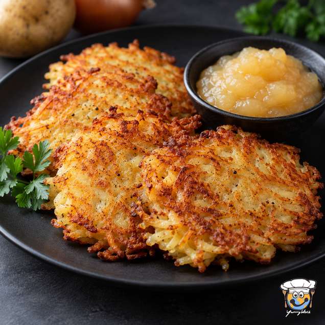 Golden potato pancakes with crisp edges served with a small bowl of applesauce.
