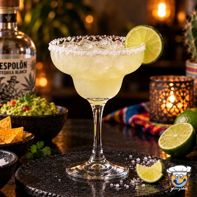 Klassische Margarita mit Eis, grobem Salzrand und einer Limettenscheibe in einem breiten Stielglas.