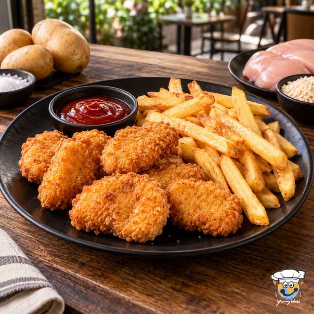 Goldbraun panierte Chicken Nuggets mit Pommes frites und einer Schale Ketchup auf einem schwarzen Teller.