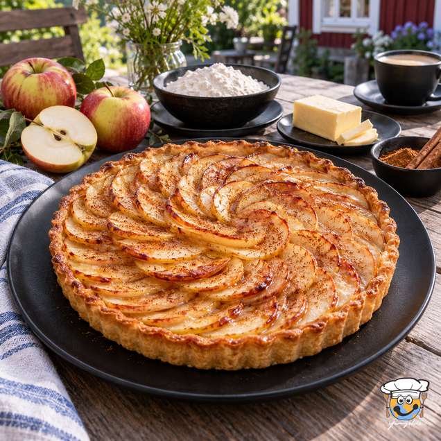 Swedish apple tart with thin apple slices arranged in a spiral over a golden pastry base.