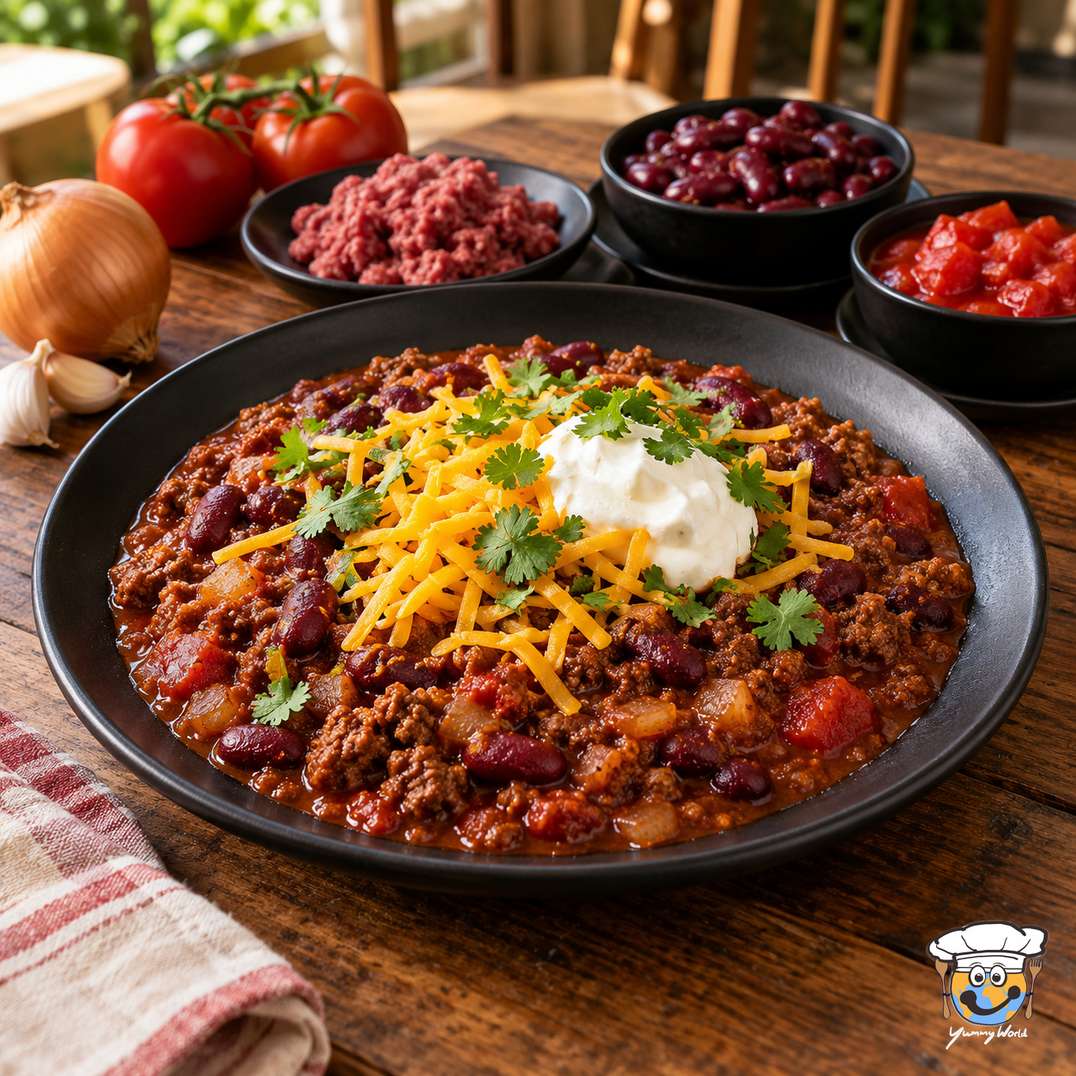Chilli con carne with minced meat and kidney beans, topped with grated cheese, sour cream and herbs.