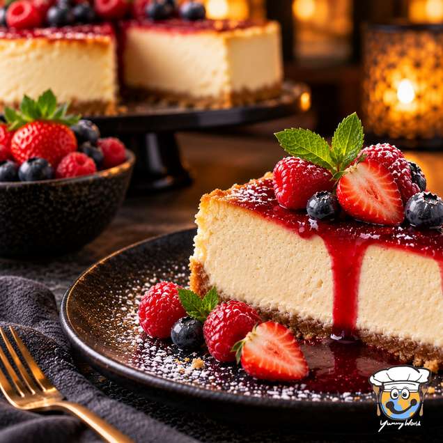 Ein Stück New York Cheesecake mit roter Beerensauce, Erdbeeren, Himbeeren, Heidelbeeren und Minze.