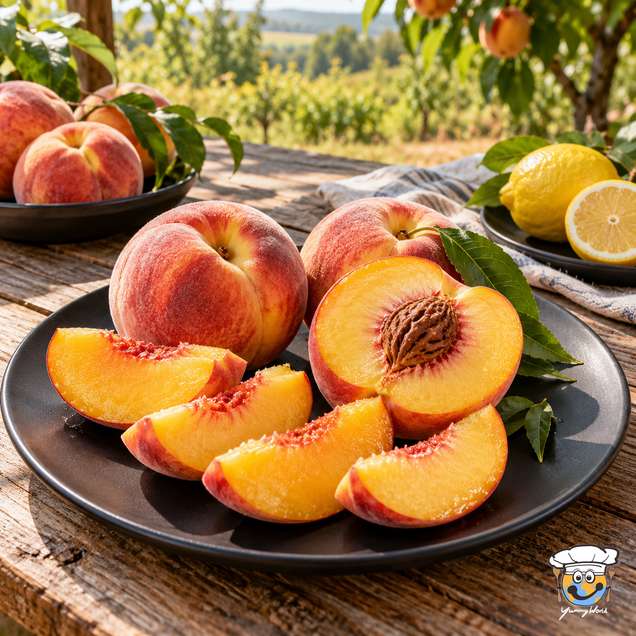 Whole peaches, peach halves and wedges with golden flesh and red skins on a black plate.