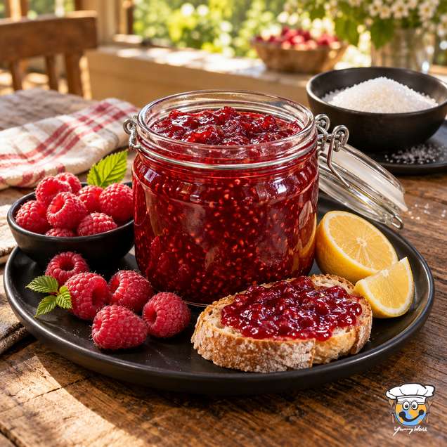 Himbeermarmelade im offenen Glas mit frischen Himbeeren und einer mit Marmelade bestrichenen Brotscheibe.